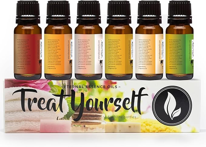 Eternal Essence Oils Treat Yourself Set of 6 Premium Fragrance Oils - Includes Peach Citrus, Strawberry Champange, Spiced Coconut Milk, Basil Nectarine, Red Currant Cream, & Honey & Shea - 10ML