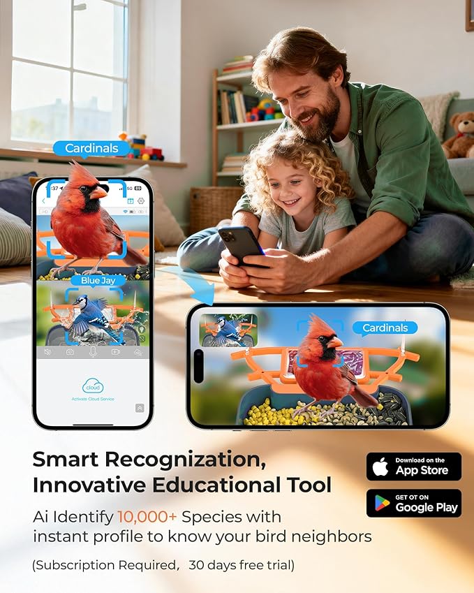 2-in-1 Bird Bath and Bird Feeder with Cameras Solar Powered 2K Dual Cameras Birds Feeder and Bath for Outside Yard Garden, Gift for Dad Mom Kids (Deep Blue + Orange)