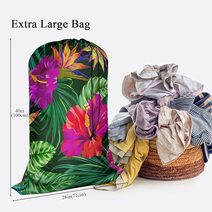 Swono Tropical Flowers Drawstring Closure Dirty Clothes Bag Organizer, Heavy Duty Large Laundry Bag, Floral Pattern Botanical Hibiscus Palm Leaf Bird Summer Rip-Stop Bags for Camp Travel