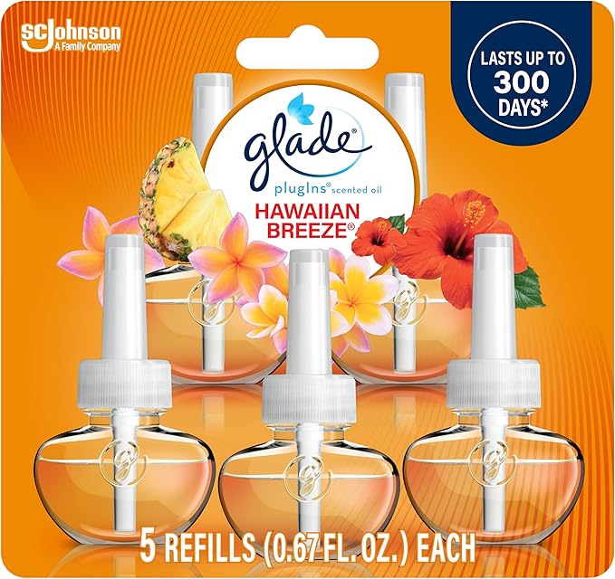 Glade PlugIns Refills Air Freshener, Scented and Essential Oils for Home and Bathroom, Hawaiian Breeze, 3.35 Fl Oz, 5 Count
