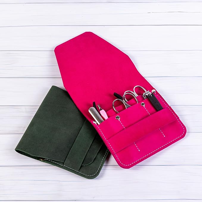 Leather Manicure Set Case Grooming Kit Organizer (Red)