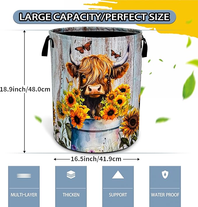 Highland Cow Sunflower Laundry Basket Animal Foldable Oxford Cloth Funny Tote Bag Laundry Hamper Clothes Storage Bucket Toy Organizer For Bathroom/Laundry Storage/Bedroom 18.9x16.5 Inch