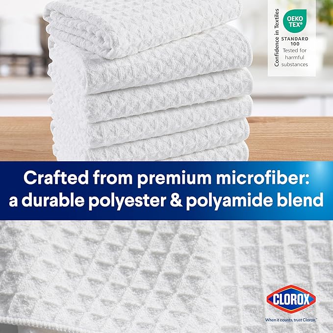 CLOROX Waffle Bar Mops - Microfiber Quick Dry Extra Large Dishcloths - Absorbent Multipurpose Cleaning Cloths for Restaurants, Kitchen, Bathroom, Hotel - 16" x 19" - White 6 Pack