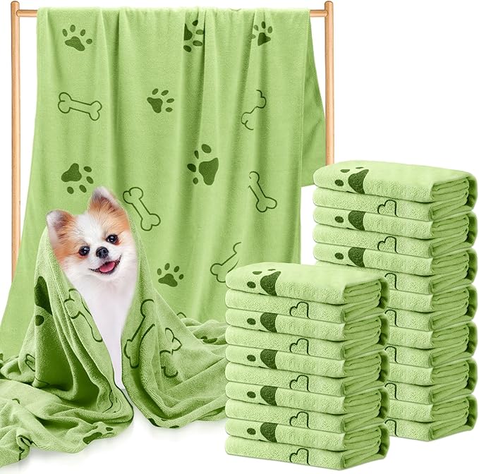 Tatuo 12 Pcs Dog Grooming Towels 28 x 55 Inch Microfiber Drying Pet Bath Towels Dog Absorbent Towel Quick Drying Puppy Bathing Supplies for Small Medium Large Puppy Cat(Green,Paw, Bone)