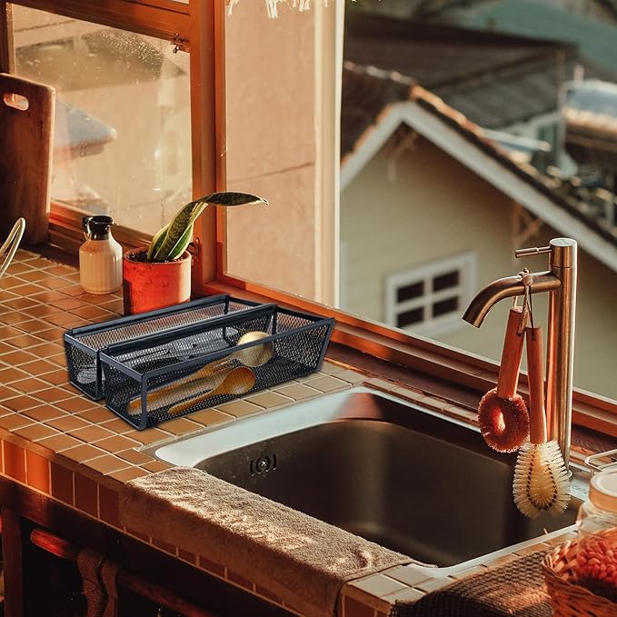 4PCS Drawer Organizer, Mesh Drawer Organizer with Interlocking Arm for Utensil, Cosmetic, Flatware, Pen (9 * 3 * 2 Inches, Black)