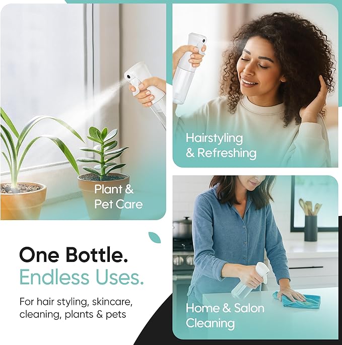 Aquableu Spray Bottle for Hair – Continuous Mist Spray Bottle for Hair Care, Styling, Cleaning, Plants, Pets & Essential Oils (Clear, 6.76oz/200ml)