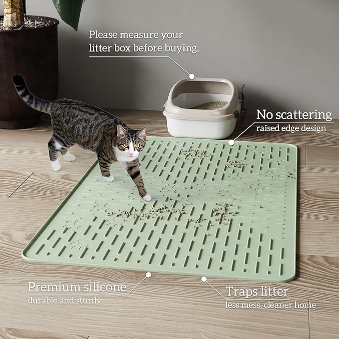 OHMO Cat Litter Mat Large Trapping Mat Premium Silicone Rubber 31.5x23.6 Sage Green, Waterproof and BPA Free Kitty Litter Box Mat, Easy to Clean and Keeps The Floor Tidy