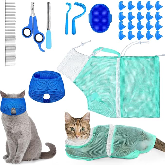 9 Pcs Cat Bathing Bag Set Cat Shower Bag Anti Bite and Scratch for Pet Grooming Washing Brush Comb Muzzle Nail Clipper Nail File Tick Tool(Blue, Turquoise)