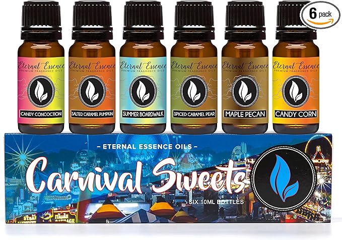 Eternal Essence Oils Carnival Sweets Set of 6 Premium Fragrance Oils - Candy Corn, Salted Caramel Pumpkin, Candy Concoction, Summer Boardwalk, Spiced Caramel Pear, and Maple Pecan Scented Oils - 10ML