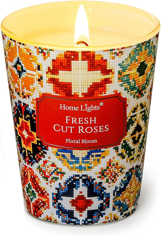 HomeLights Large jar Candle | 1-Wick Long-Lasting Scented Candles, 6.7oz Natural Soy Wax Candle for Home Scented, Bohemian Natural Textures Gifts for Women & Men, Fresh Cut Roses