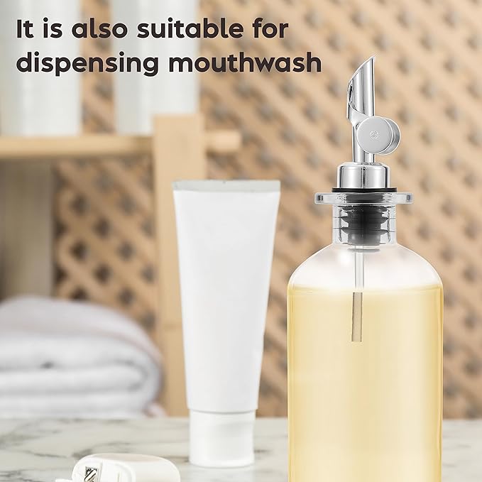 Olive Oil Dispenser Bottle - Includes 55 Kitchen Essential Labels - Cooking Oil Bottles for Kitchen, Coffee Syrup Dispenser - Pourer Spout with 11.8 fl oz Glass Container Cruet - 2pcs Silver