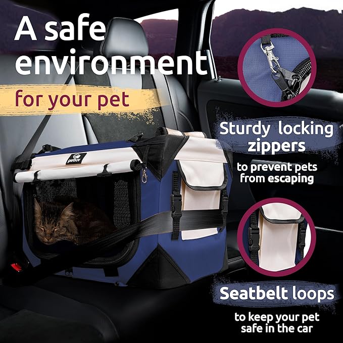 Soft-Sided Cat & Dog Pet Carrier, Large 24"x16"x16", Fits Large Cat, 2 Cats, or Medium Dog Comfortably, Great for Travel & Vet Visits, Privacy Windows, Removable Bed, Locking Zippers, Folds Flat