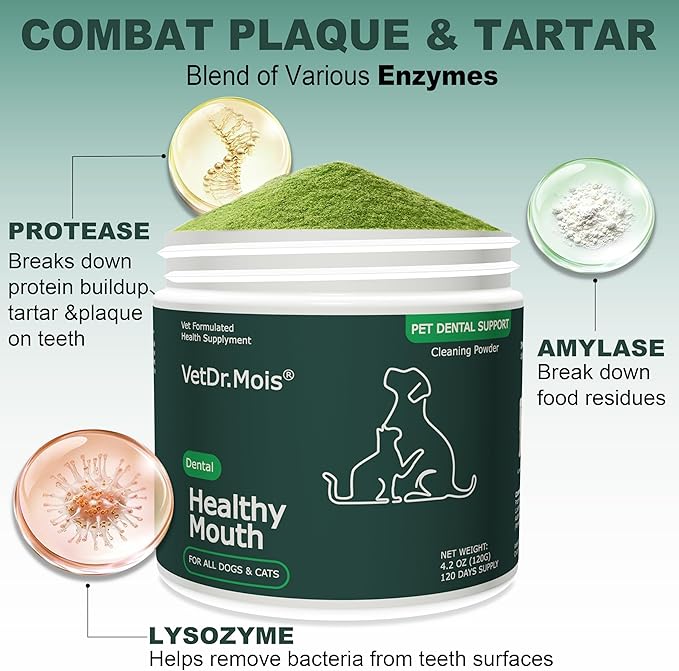 Dog Teeth Cleaning Powder, Dog Dental Powder and Cats Breath Freshener, Plaque Off Pet Tooth Cleaning lab co, Bad Breath & Tartar Remover for Dogs, Dog Teeth Cleaning with Enzymes 120 Day Supply, 120g