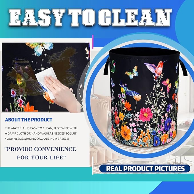 Hummingbird Flowers Laundry Basket Oxford Cloth Butterflies Laundry Hamper With Handle Foldable Portable Clothes Storage Basket 18.9 X 16.5 In Storage Bag For Laundry Room/Bathroom/Bedroom/Dormitories