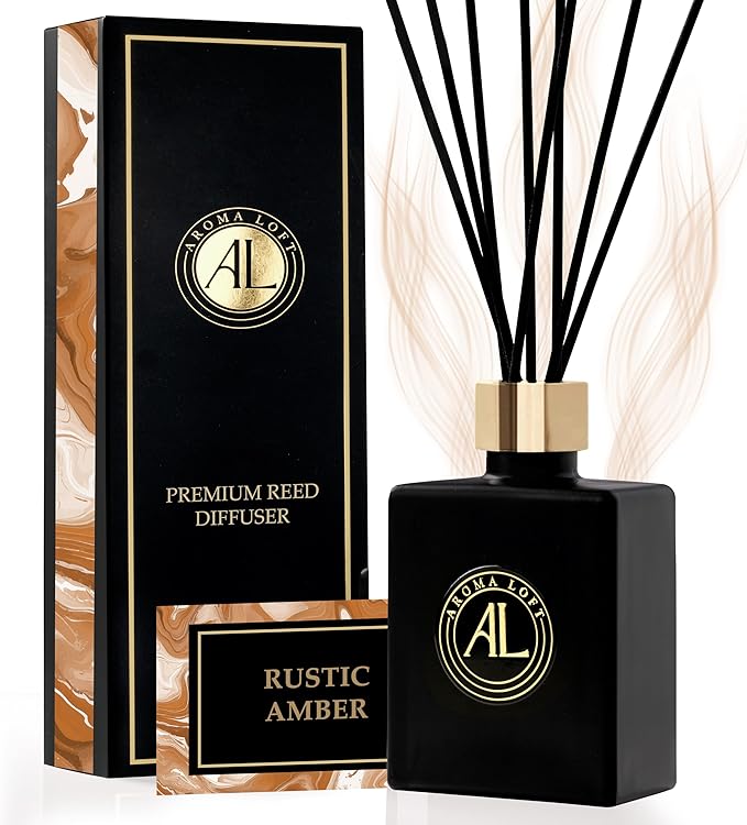 Reed Diffuser Set for Home - Rustic Amber Scent Sticks - Bathroom Counter Decor - Modern Room Fragrance Diffuser - Office Air Freshener - 90 Day Long Lasting Aroma
