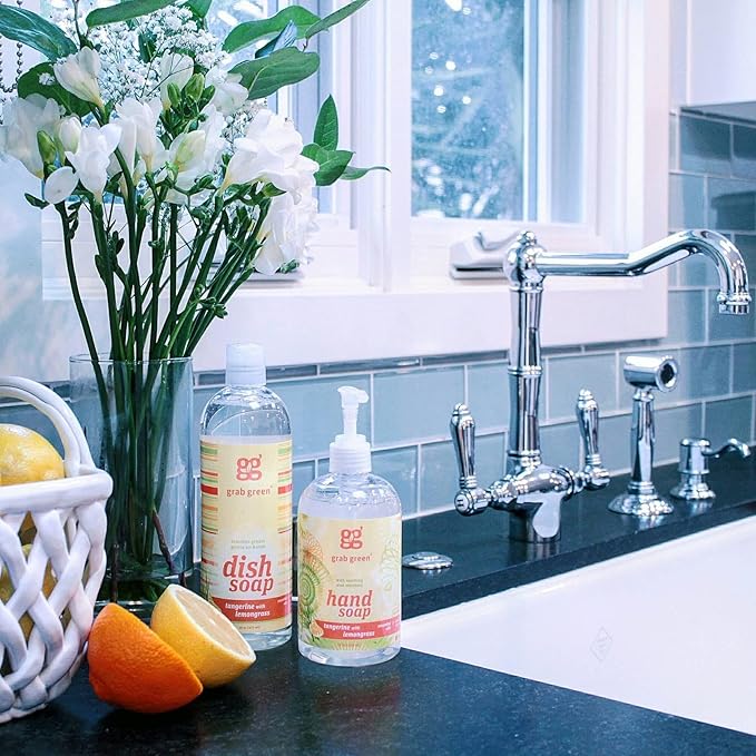 Grab Green Liquid Dish Soap, 16 Ounce (Pack of 3), Tangerine Lemongrass Scent, Biodegradable, Plant and Mineral Based, Removes Grease, Gentle on Hands