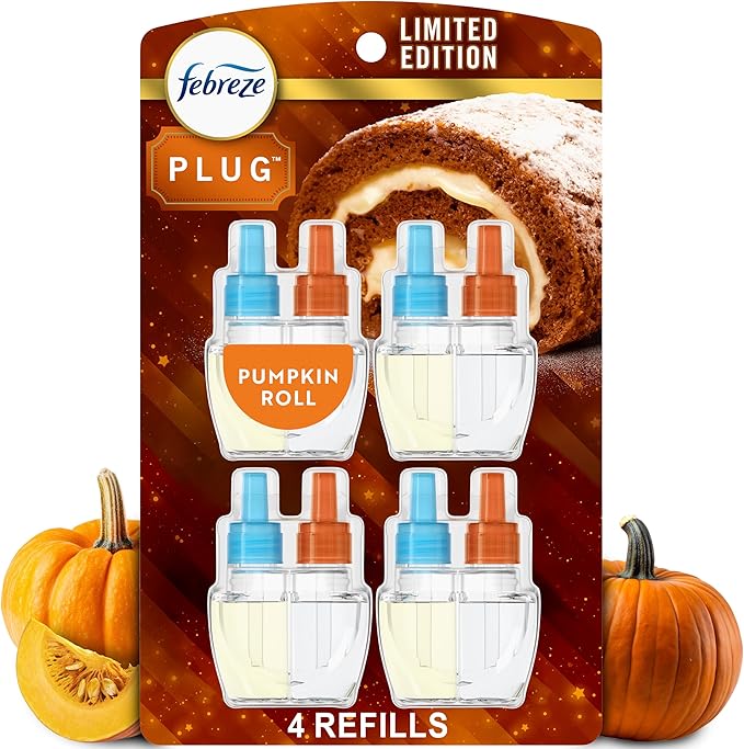 Febreze Plug In Air Freshener, Odor-Fighting Scented Oil Refill, Pumpkin Roll Scent, 4 Refill