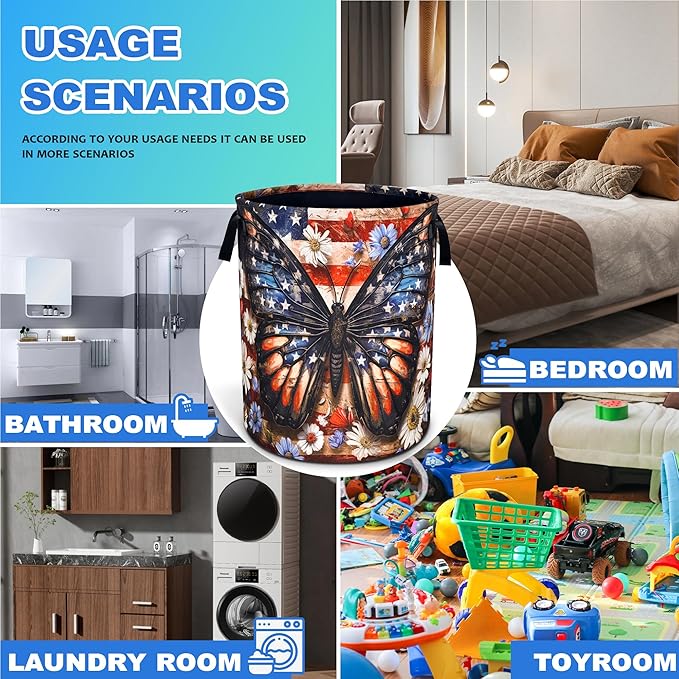 American Flag Butterfly Laundry Basket Daisy Flowers Oxford Cloth Laundry Hamper With Handle Foldable Portable Clothes Storage Basket 18.9 X 16.5 Inch Storage Bag For Laundry Room/Bathroom/Bedroom