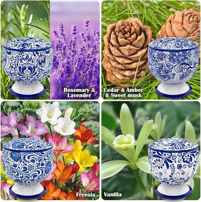 Christmas Scented Candles Gift Set for Home Women Soy Wax Freesia, Vanilla, Rosemarry&Lavender, Cedar&Amber&Musk Aromatherapy Candles in Blue and White Tins, Set of 4