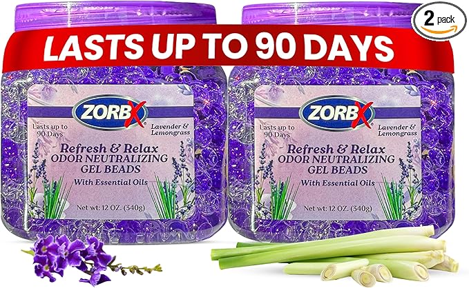 ZORBX Refresh & Relax Odor Neutralizing Gel Beads 12 Oz. 2 Pack – Lavender & Lemongrass Gel Beads Air Freshener Infused with Essential Oils – For Living Room, Bathroom, Car, Closet & Home