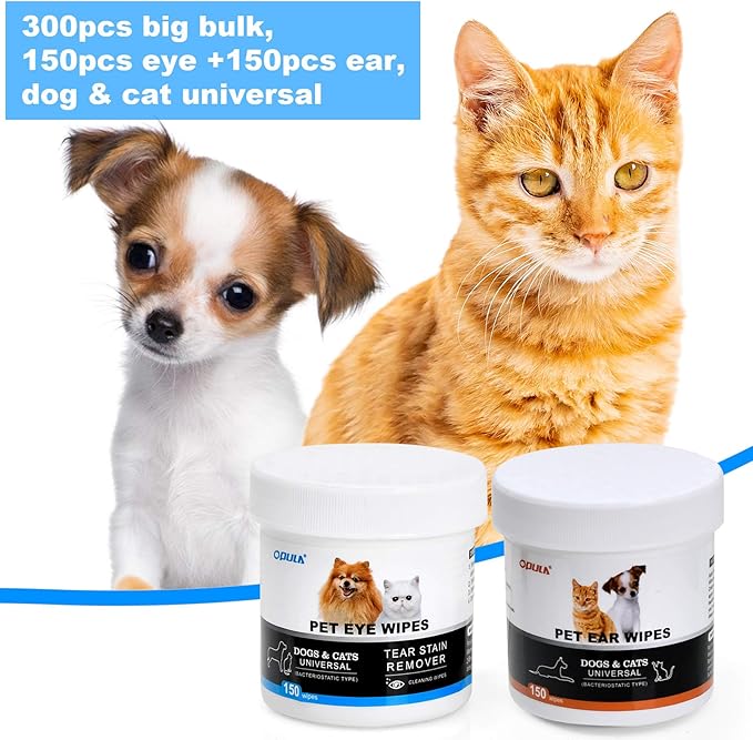 OPULA Dog Ear Eye Cleaner Wipes,300 Count Cat Eye Ear Cleaning Wipes,Pet Wipes,150pcs Tear Stain Remover Wipes+150pcs Ear Wax Wipes,Non-Irritating,Dog&Cat Universal,Eliminate Odor