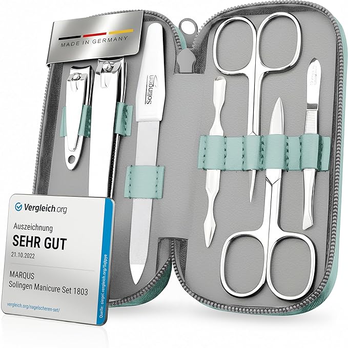 Manicure Set Solingen Made in Germany - 7 Piece Exclusive Finger & Toe Nail Clippers Kit for Women and Men in Real Leather Case, Color Mint