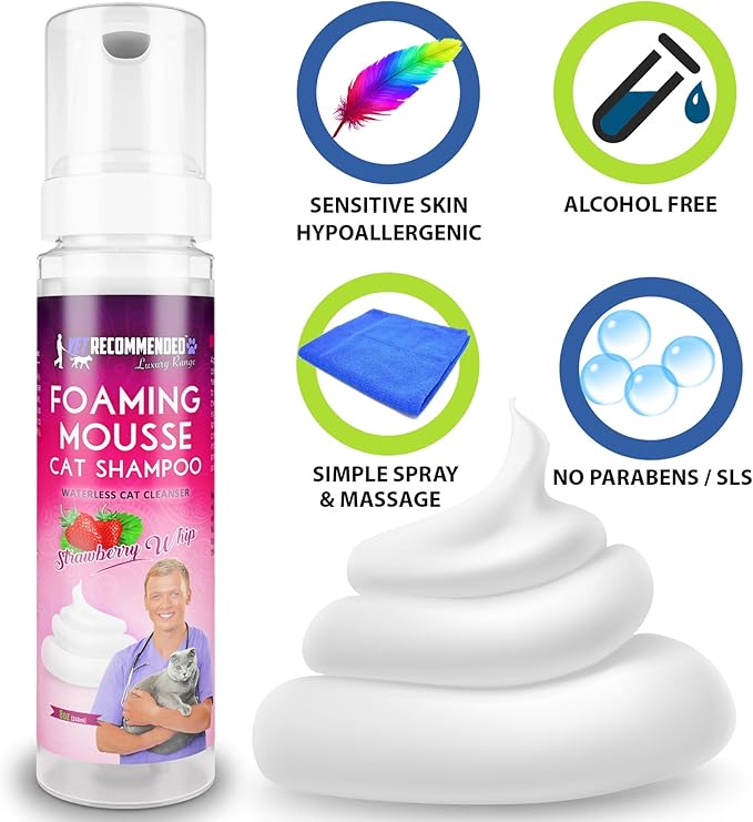 Vet Recommended Waterless Cat Shampoo Foaming Mouse - Strawberry Patch Scent (8 Oz/240 ml). for Sensitive Skin, Detergent and Alcohol Free. Helps in Cleaning, Conditioning & Moisturizing. Made in USA