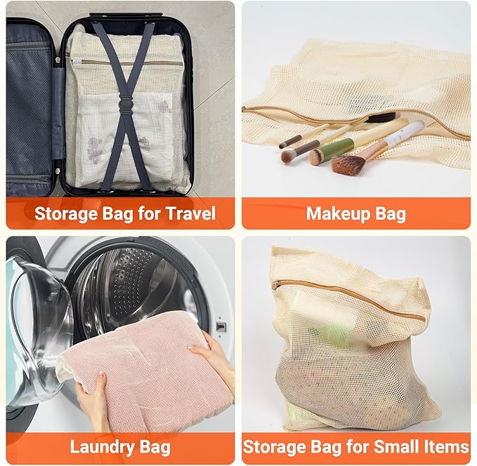 6Pcs Organic Cotton Mesh Laundry Bags for Delicates, Durable Mesh Wash Bags, Sturdy Zipper Laundry Bag for Underwear, Clothes, Shoes, Socks, (3 Large, 3 Medium)