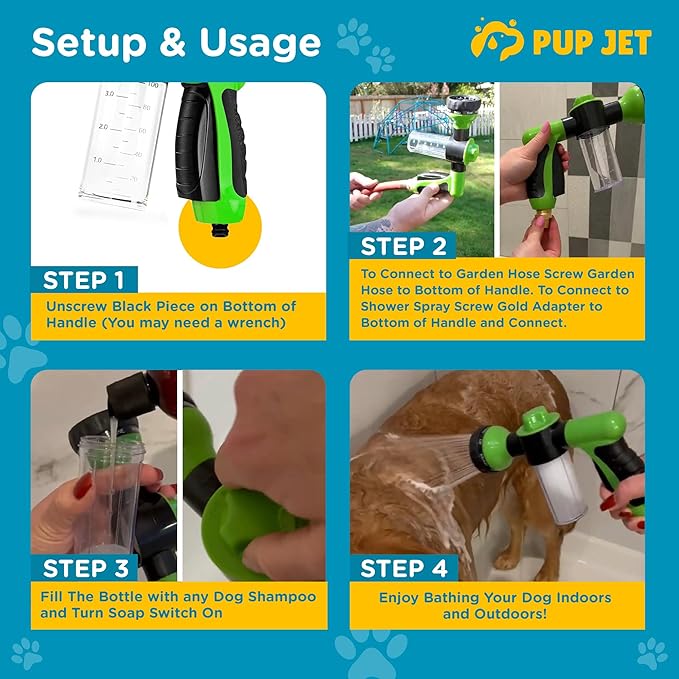 The Original Pup Jet Dog Washing Hose Attachment with Soap Dispenser – 8-in-1 Fur Sweep Shower Attachment & Shampoo Sprayer for Dog Wash, Bath, and Grooming Perfect Pet Care