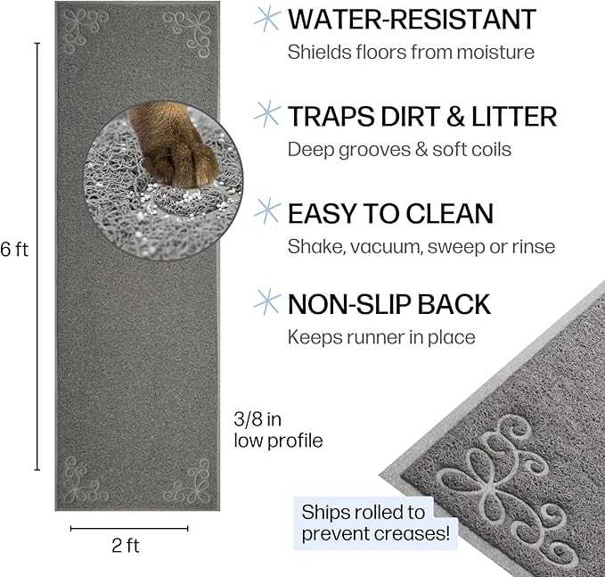 Long Litter Mat Runner 2'x6' - Trap Dirt, Mud and Cat Litter - Premium Waterproof PVC Mesh, Non Slip Rubber Runner for Pets, Entry, Mudroom, Garage, Laundry, RV, Camper - Litter Mat XL (Grey)