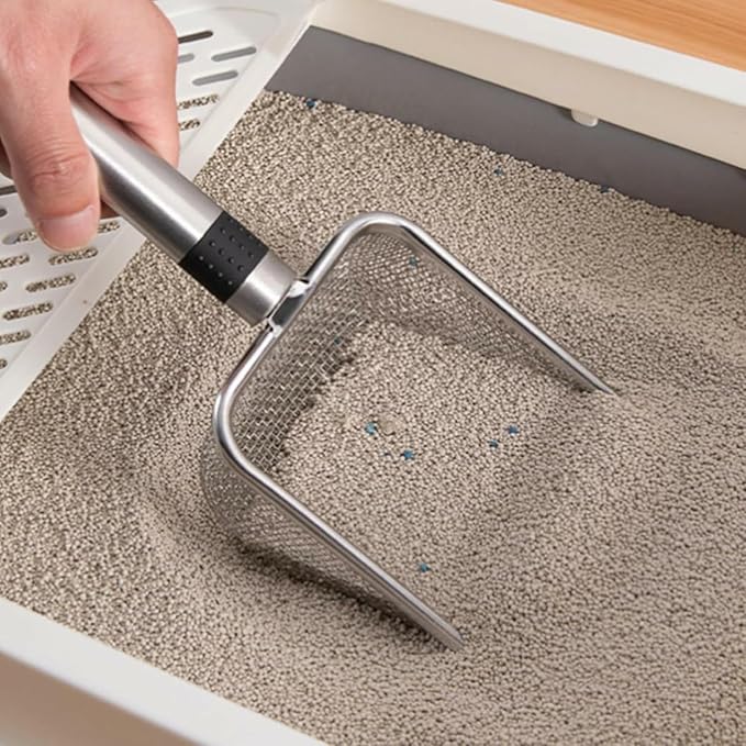 Integrated Metal Cat Litter Scoop, Stainless Steel Mesh Litter Scoop, Long Handle Cat Scooper, Poop Sifting Mesh Litter Deep Shovel, Cat Litter Scooper for Litter Box/Reptile Terrarium Sand Waste