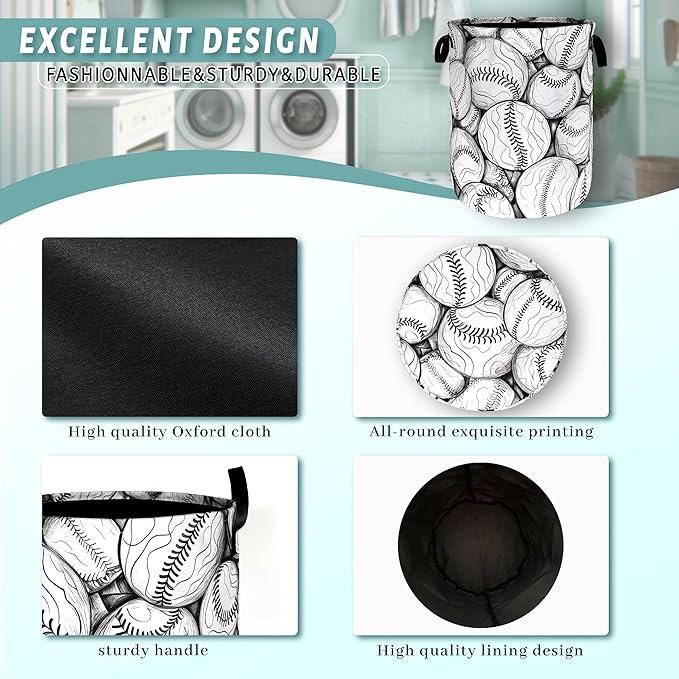 Black White Baseball Pattern Laundry Basket Foldable Oxford Cloth Baseball Laundry Hamper With Handle Portable Clothes Storage Basket 18.9 X 16.5 Inch Storage Bag For Laundry Room/Bathroom/Bedroom