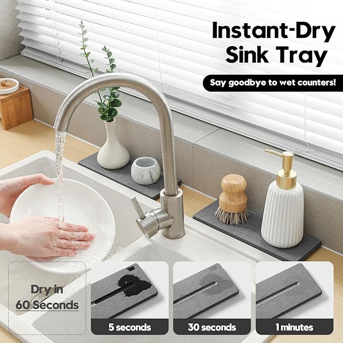 2 Pack Diatomite Stone Sink Tray, Water Absorbing Mat for Kitchen & Bathroom Counter, Quick Dry Soap Dish Makeup Vanity Caddy,Sponge Holder Organizer, Dark Gray - 2pcs of 9"x 3.5"