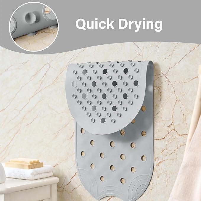 Rubber Bathtub Mat Shower Mat Non-Slip, 31x14 Inch, Bath Tub Floor Mat with Suction Cups and Drainage Holes, Grey