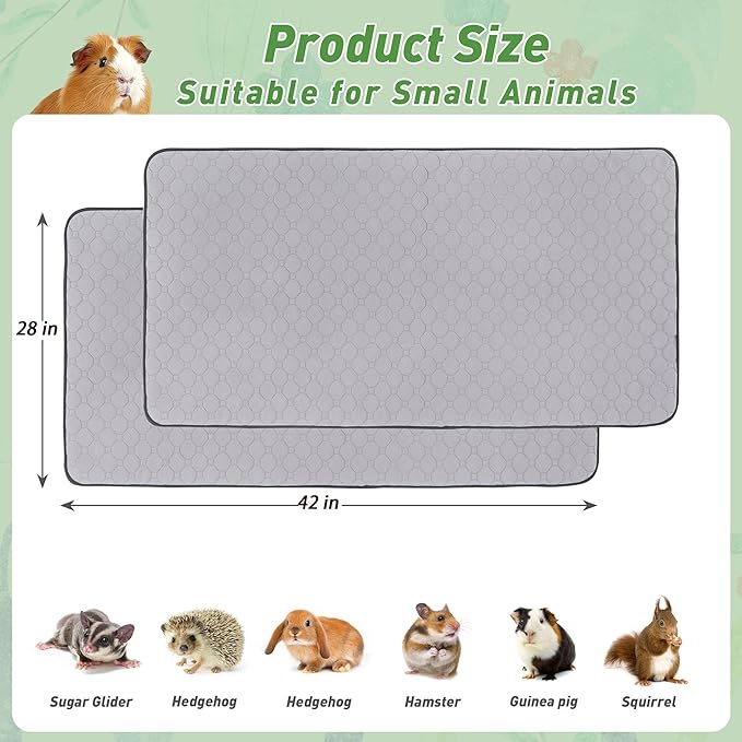 2 Pack Guinea Pig Cage Liners, 28'' X 42'' Washable Guinea Pig Pee Pads, Non Slip Reusable Super Absorbent Guinea Pig Training Mat Bedding Fleece for Small Animals Hamster Rabbit Chinchilla Rat