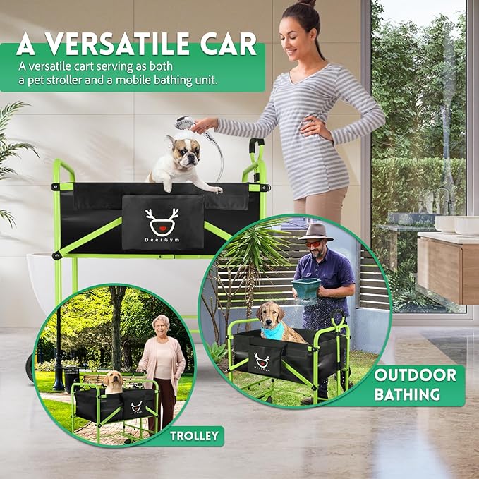 2-in-1 Dog Bathtub and Dog Stroller, Portable Dog Bath and Pet Stroller for Small and Medium Dogs (5-55 lbs) and Cats, Four-Wheel Bathing Cart with Brake Green