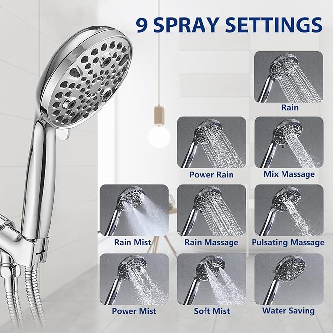 High Pressure 10 Setting Handheld Shower Head, 5" Detachable Showerhead Spray Built-in Power Wash to Clean Tub, Tile & Pets, 79" Extra Long Stainless Steel Hose, Adjustable Bracket - Chrome
