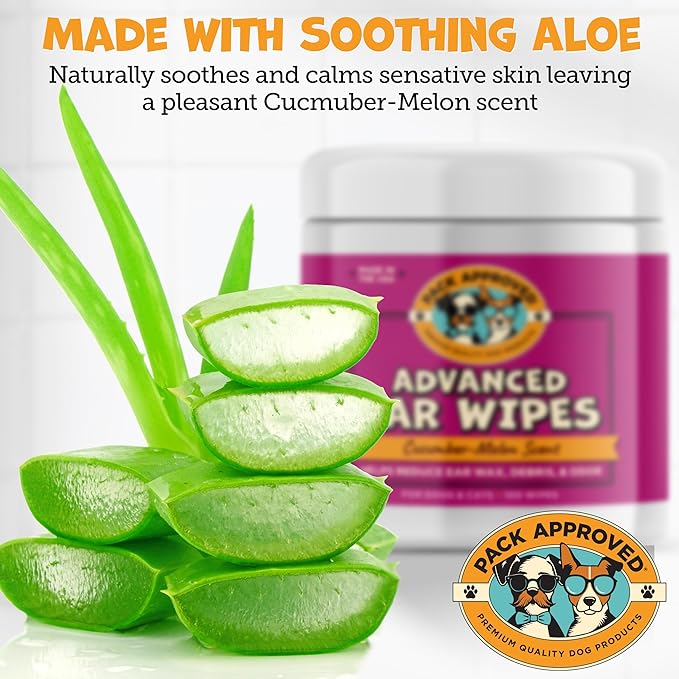 Advanced Ear Wipes for Dogs & Cats with Aloe Vera - Gentle, Non-Irritating Ear Cleaner for Cats and Dogs - Helps Deodorize and Remove Ear Wax - Cucumber Melon Scent (100 Wipes)