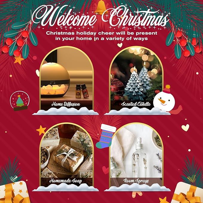 SALUBRITO Christmas Fragrance Oils Set, Winter Essential Oils for Diffuser, Candle Making, Scented Oils Gift - Candy Cane, Christmas Tree, Christmas Pudding, Apple Cinnamon, Gingerbread, Mistletoe