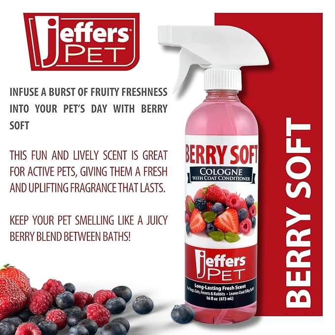 Jeffers Pet Cologne Spray with Coat Conditioner for Dogs & Cats, Berry Soft - Detergent & Soap Free Grooming Fragrance Mist, Deodorizer, Freshener, Safe for Pets, Salon, Home Use - 16 oz