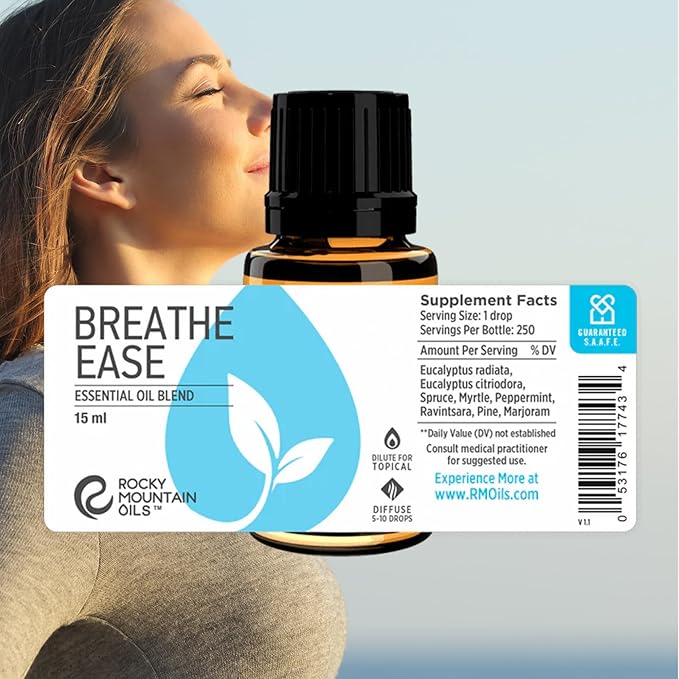 Rocky Mountain Oils Breathe Ease Essential Oil Blend - y Essential Oils for Diffuser, Topical, and Home - Calming and Relief Blend - 15ml