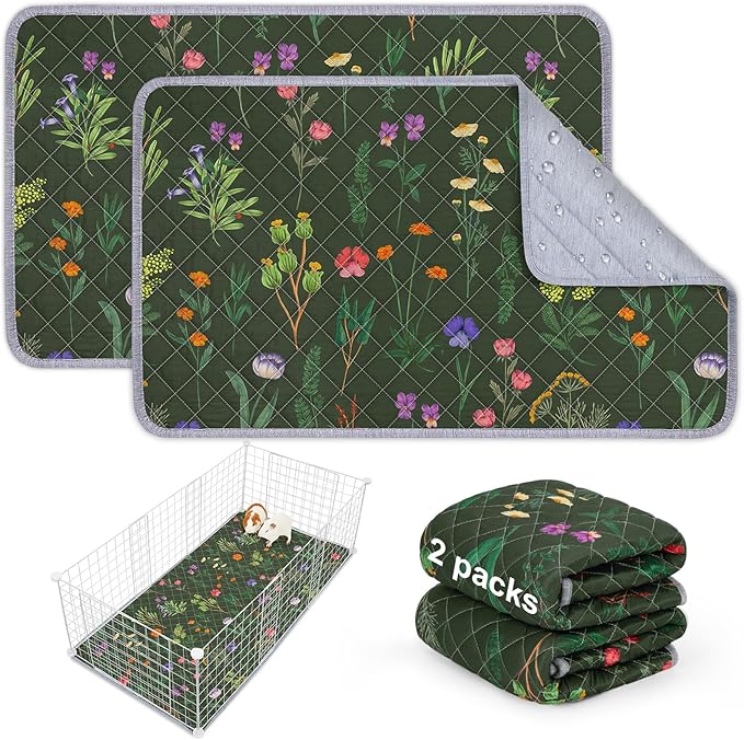 Bienbee Guinea Pig Bedding, 2 Pack 29" x 16" Reusable Guinea Pig Cage Liner Waterproof and Absorbent Small Animal Bedding Washable Guinea Pig Pee Pads for Small Pet Hamster Rabbit Squirrel,Green