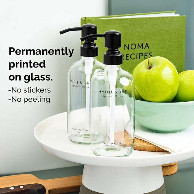 Vine Creations Clear Glass Soap Dispenser Set, Dish Soap and Hand Soap Dispenser Set with Stainless Steel Pump, 16 oz Glass Dispensers for Kitchen Bathroom Decor (Clear Bottle/Matte Black Pump)