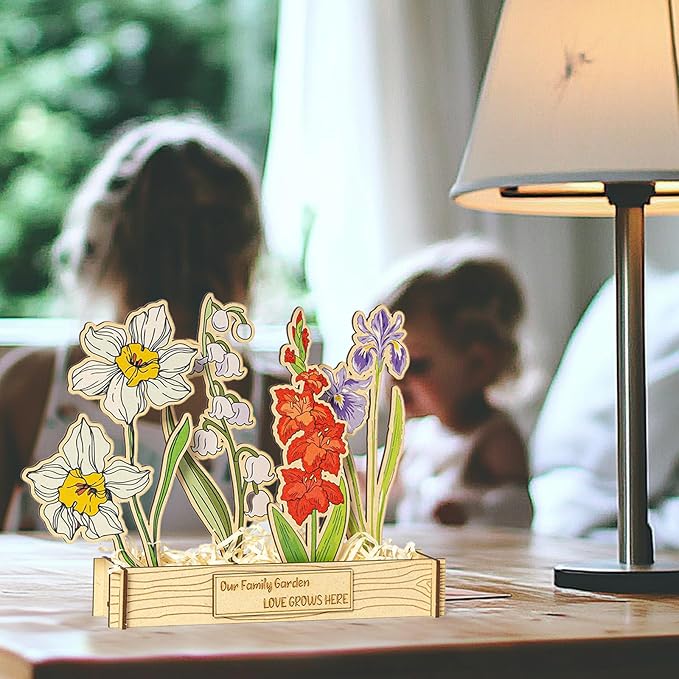 Mother's Day - 12 Birth Month Flowers Wooden Garden Decor for Grandma's Birthday, Floral Gift for Mom from Daughter, Practical Wooden Keepsake to Remember A Day, Flower Room Decor Idea for Grandma