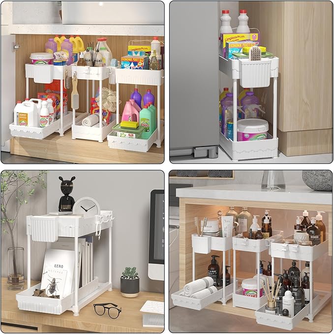 3 Pack Under Sink Organizers, 2-Tier Multi-Use Kitchen and Bathroom Organizers and Storage with Sliding Drawers，Bathroom Cabinet Organizer (White, 12.8 Inch)