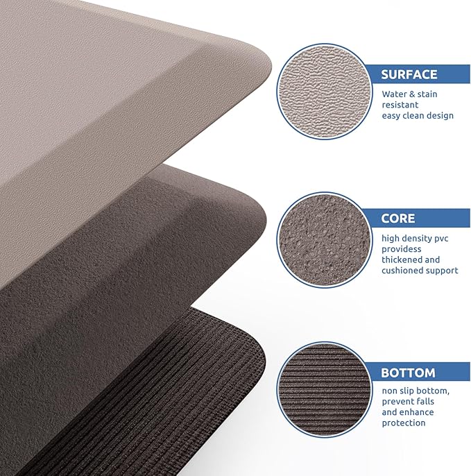 KitchenClouds Kitchen Mat Cushioned Anti Fatigue Kitchen Rug 0.8inch Waterproof Non Slip Kitchen Rugs and Mats Standing Desk Mat Comfort Floor Mats for Kitchen Sink Office (17.3"x60",Khaki)