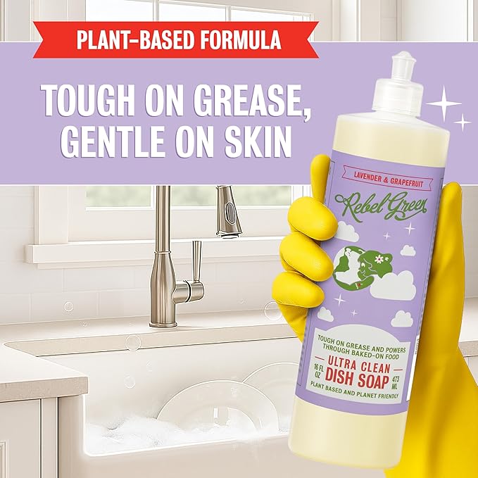 Rebel Green Super Deluxe Dish Soap - Natural Dishwashing Soap - Liquid Dish Detergent - Sustainable Dish Liquid Scented with Lavender & Grapefruit - (16 oz Bottles, 2 Pack)