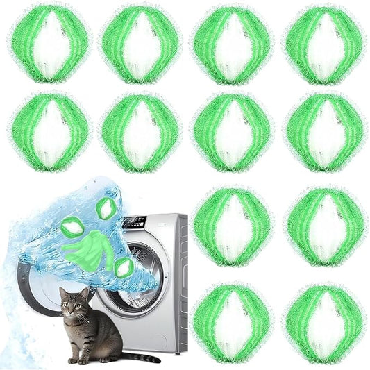 Upgrade 12 PCS Pet Hair Remover for Laundry, Reusable Dog & Cat Hair Catcher for Washer & Dryer, Removes Fur & Lint from Clothes & Bedding, Won’t Damage Fabrics (White Green)