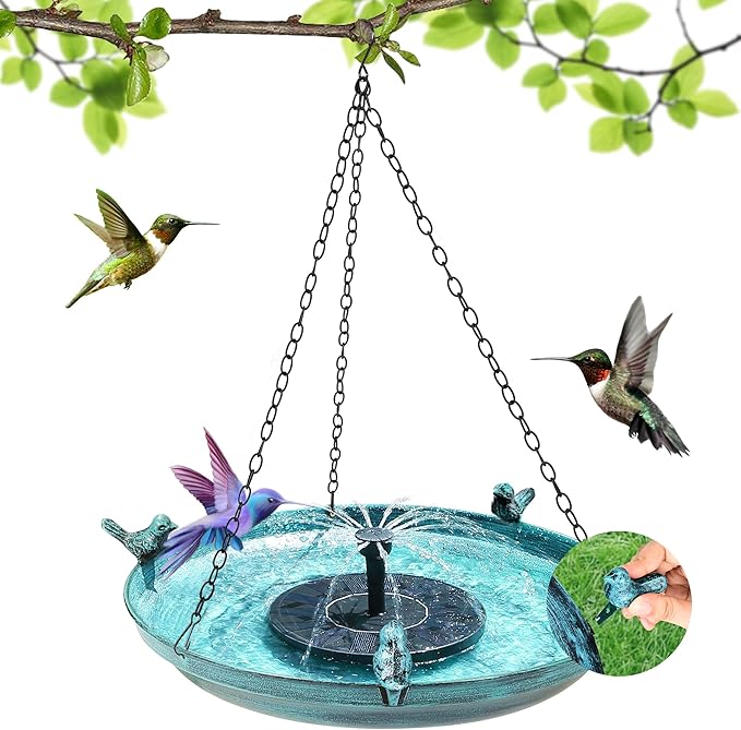 14.96" Hanging Bird Bath with Solar Fountain, Metal Birdbath with 3 Cast Iron Birds & 4 Spray Nozzles, Solar Powered Water Feature for Outdoors, Garden, Patio, Gift for Bird Lovers
