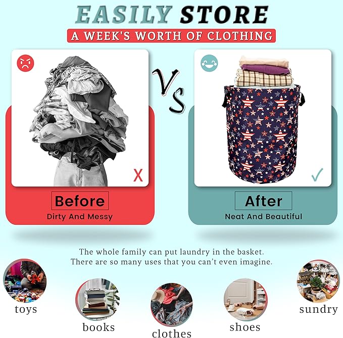 American Flag Laundry Basket Foldable With Handles US Flag With Stars Tote Bag Oxford Cloth Laundry Hamper Clothes Storage Bucket Toy Organizer 18.9"x16.5" For Bathroom/Laundry/Bedroom